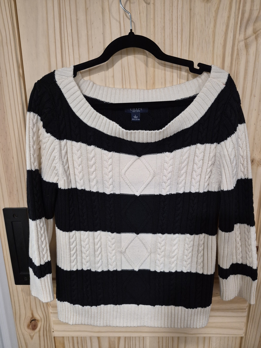Chaps Women’s Black and Cream Striped Cable-Knit Sweater